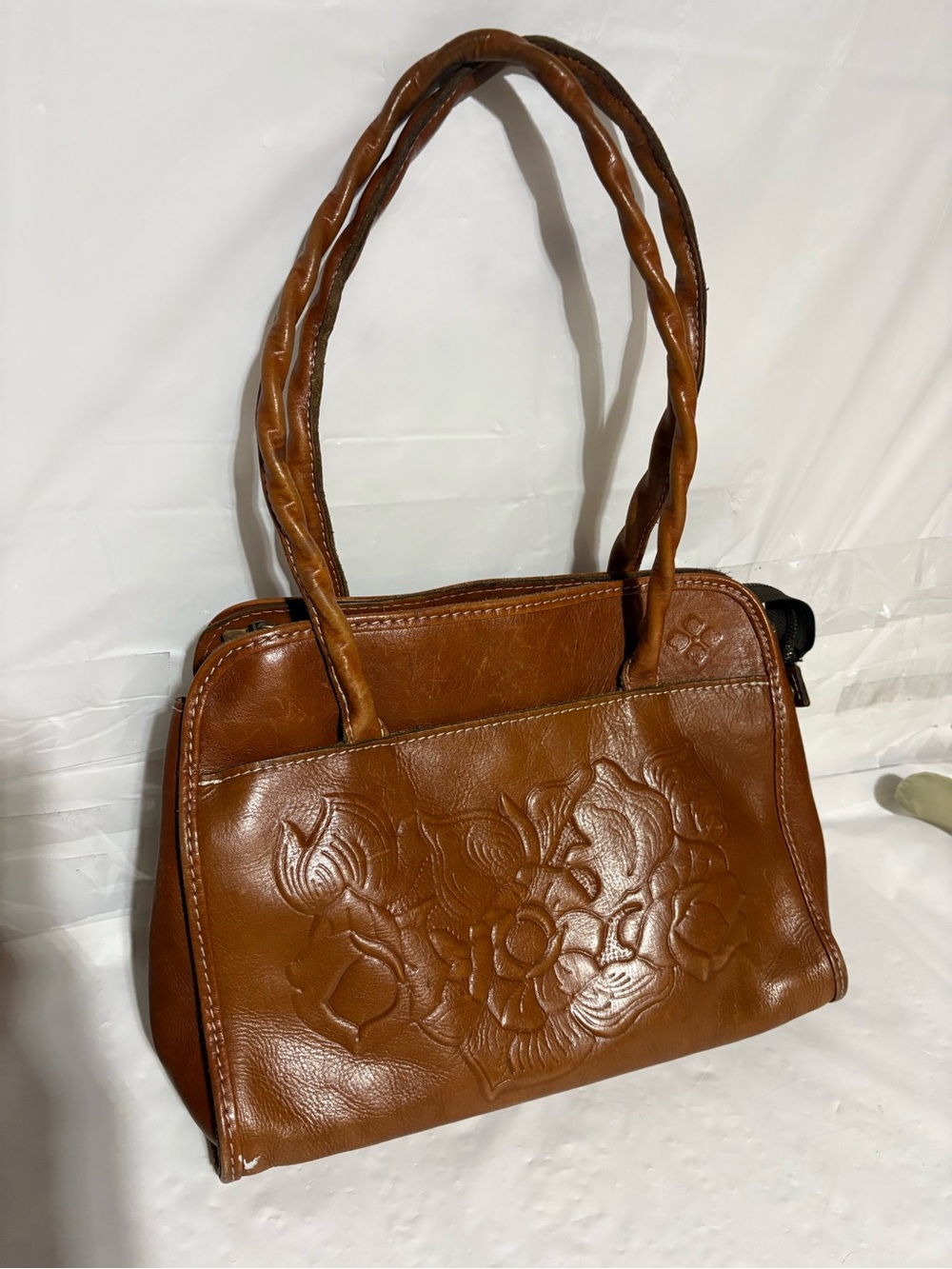 Patricia Nash Cognac Embossed Floral Shoulder Bag with Braided Handles